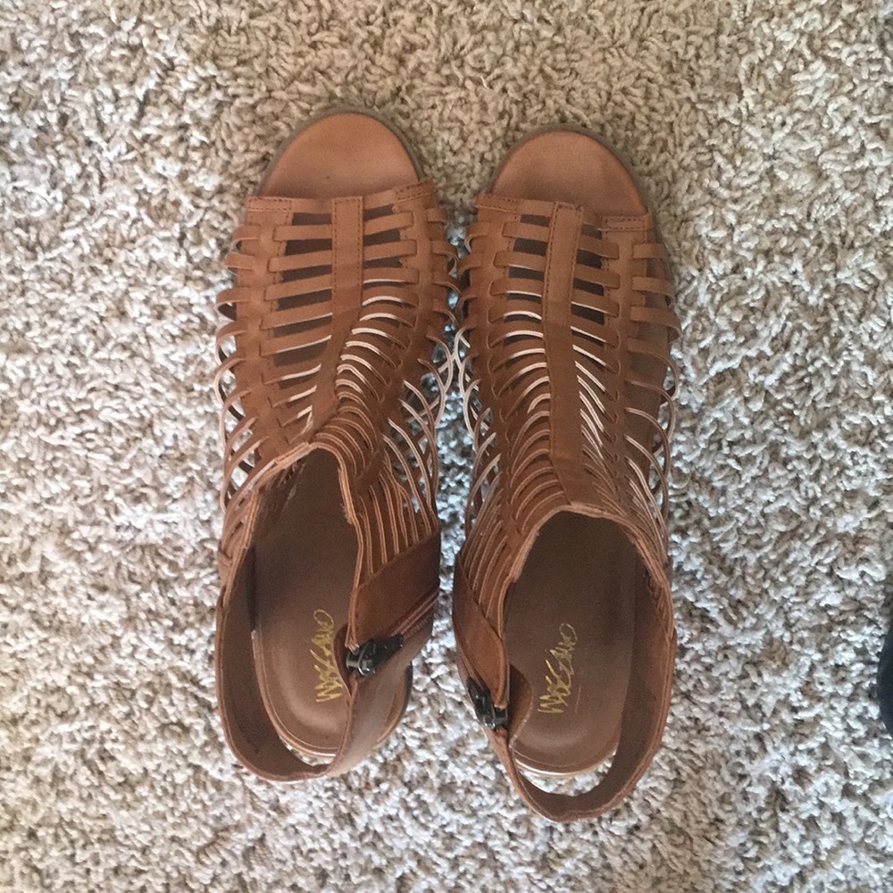 Brown open toe booties